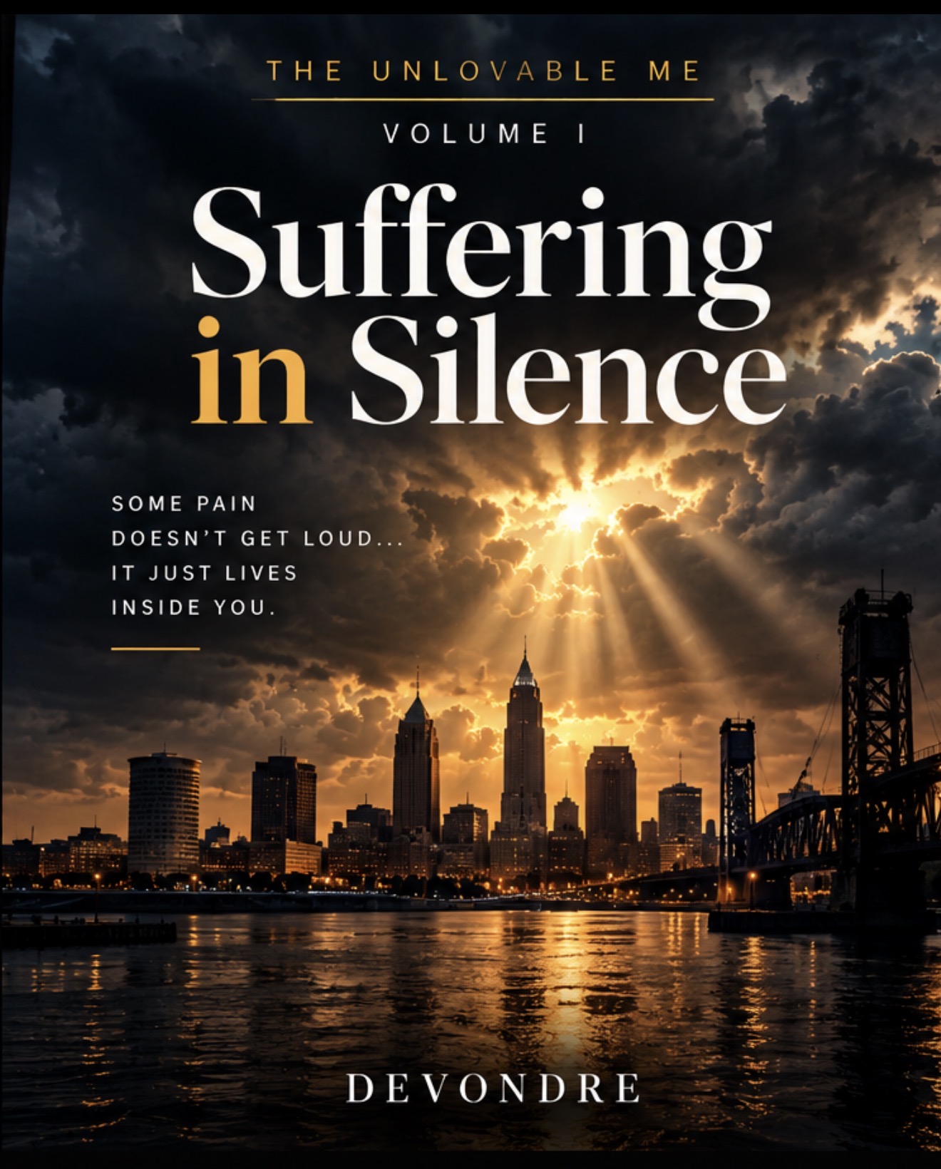 Suffering in Silence, Volume I, by Devondre. Golden light breaks through storm clouds over Cleveland.